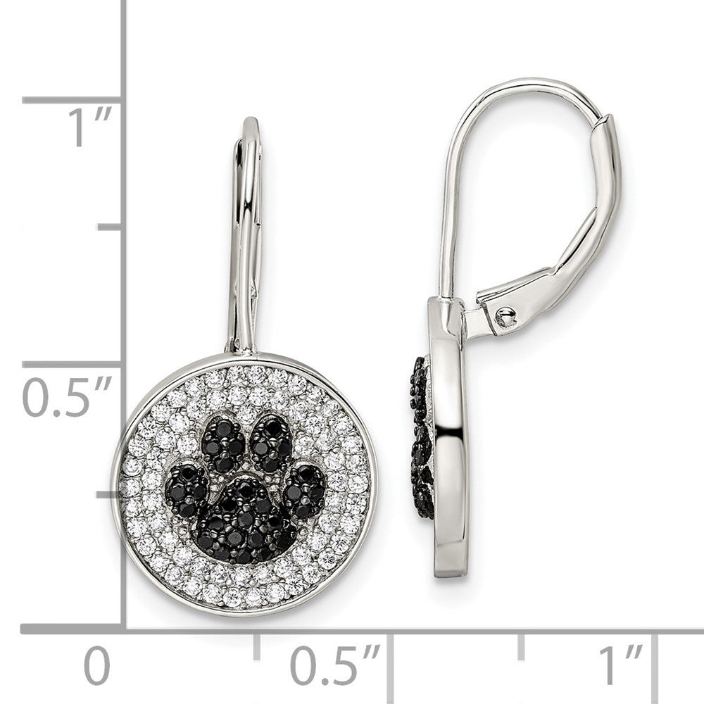 Sterling Silver Rhodium-plated Polished CZ Paw Print Leverback Dangle Earrings