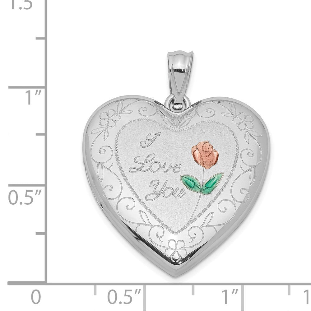 Sterling Silver Rhodium-plated 24mm Enameled Rose Border Heart Locket Pendant