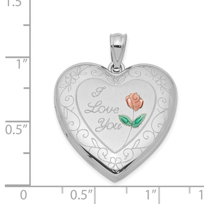 Sterling Silver Rhodium-plated 24mm Enameled Rose Border Heart Locket Pendant