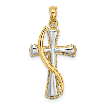 14k Yellow Gold Rhodium Cross Drape Charm Pendant