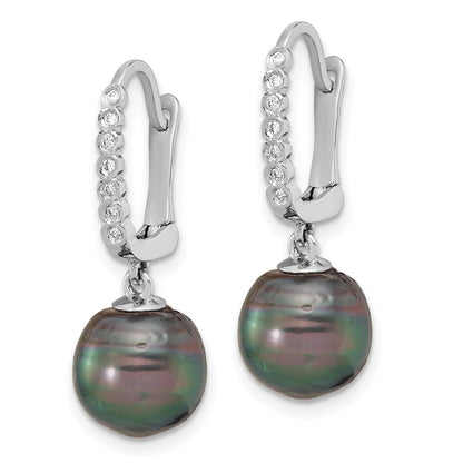 14k Gold Black Tahitian Saltwater Cultured Pearl & Diamond Dangle Earrings