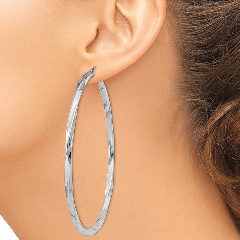 Sterling Silver Rhodium-plated 3x70mmTwisted Hoop Earrings