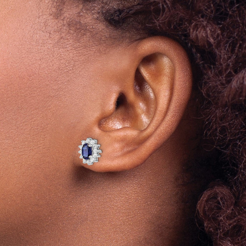 Sterling Silver Rhodium-plated CZ/Lab Cr. Blue Sapphire Button Stud Earrings