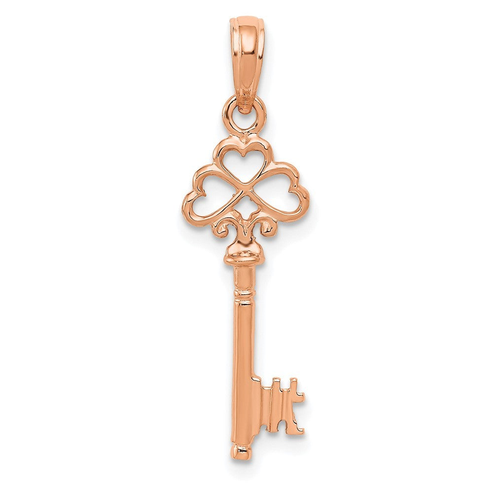 14K Rose Gold Polished 3-D Hearts Key Charm Pendant