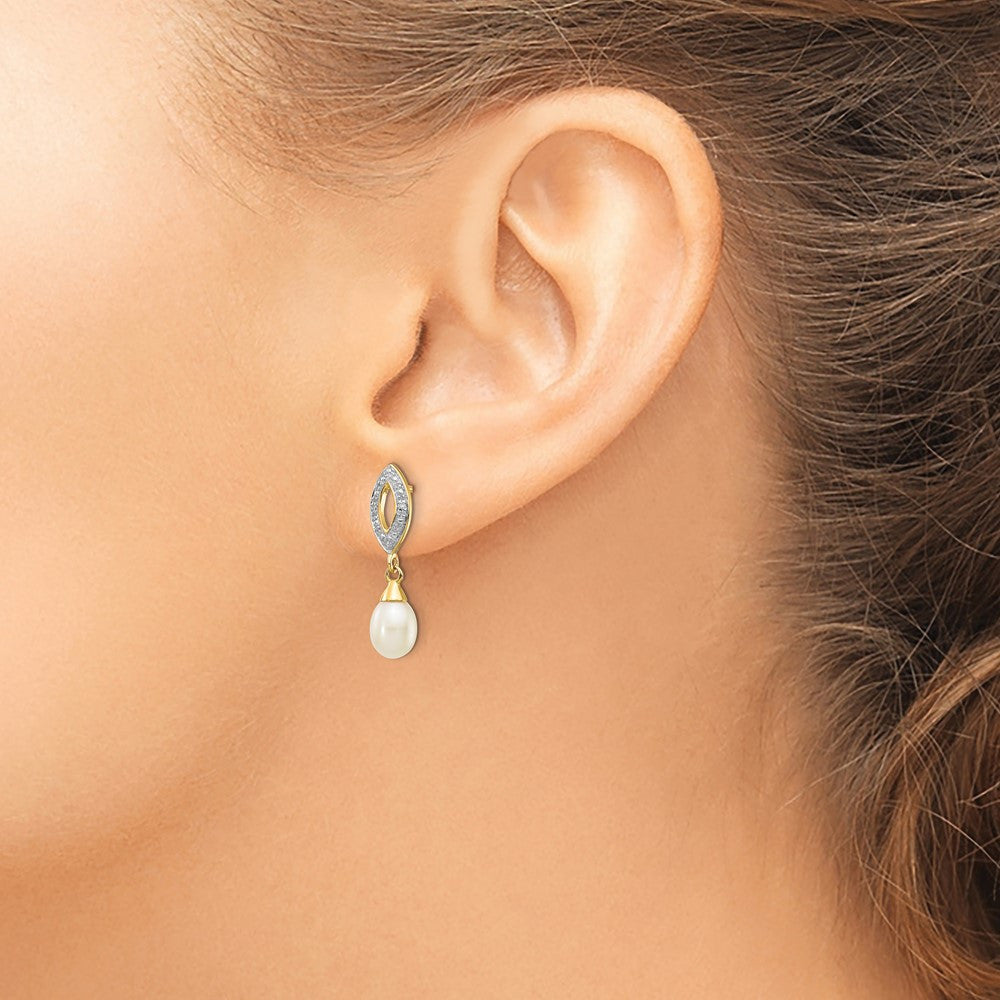 14k Yellow Gold 7x5mm White Teardrop FWC Pearl .01ct Diamond Dangle Earrings