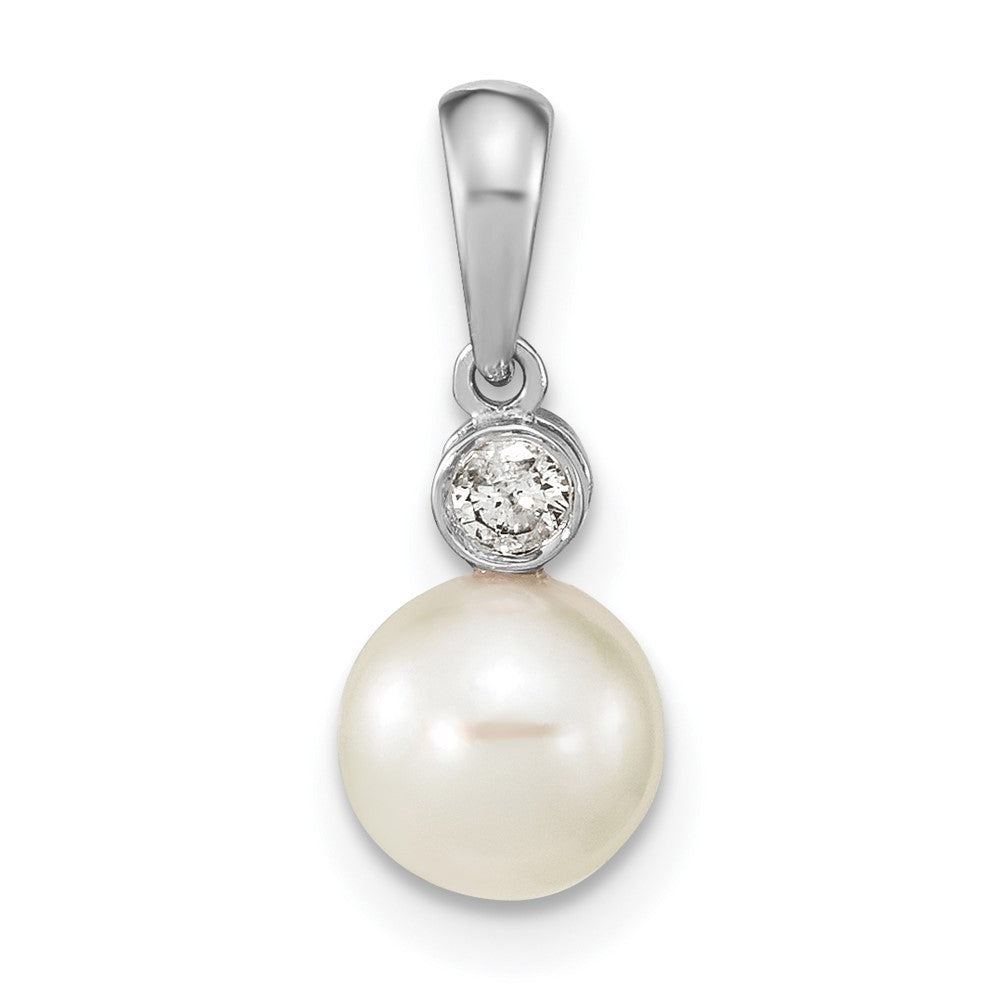 14k White Gold 7mm Round White Akoya Saltwater Cultured Pearl & Diamond Pendant