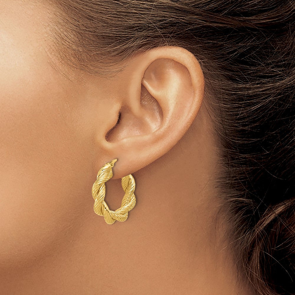 14k Yellow Gold Polished and Textured Twisted Hoop Earrings