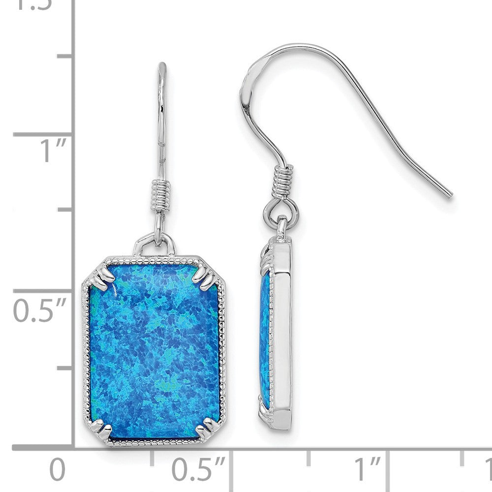 Sterling Silver RH-plated Blue Created Opal Beaded Border Dangle Earrings