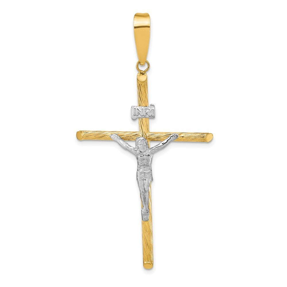 14k Yellow Gold White Rhod Polished & Textured INRI Crucifix Cross Pendant