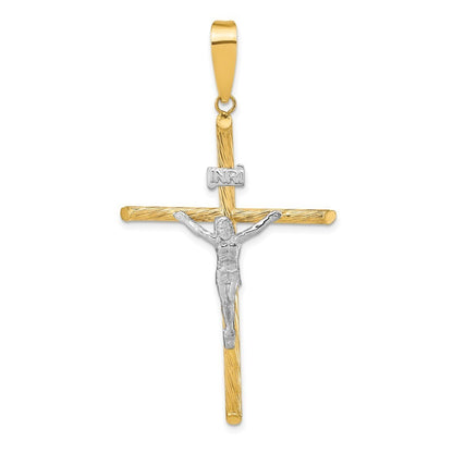 14k Yellow Gold White Rhod Polished & Textured INRI Crucifix Cross Pendant