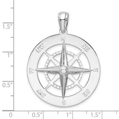 Sterling Silver Rhodium-Plated Polished Large Nautical Compass Pendant