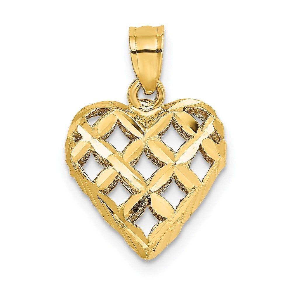 14k Yellow Gold 3-D Diamond-cut Filigree Puffed Heart Charm Pendant