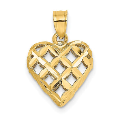 14k Yellow Gold 3-D Diamond-cut Filigree Puffed Heart Charm Pendant