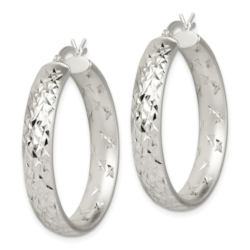 Sterling Silver Satin & Diamond-cut 5mm Round Hoop Earrings