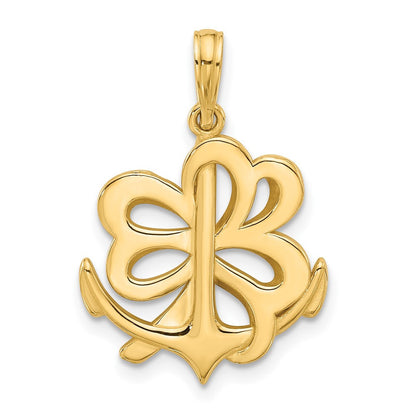 14k Yellow Gold Polished Anchor and Clover Charm Pendant