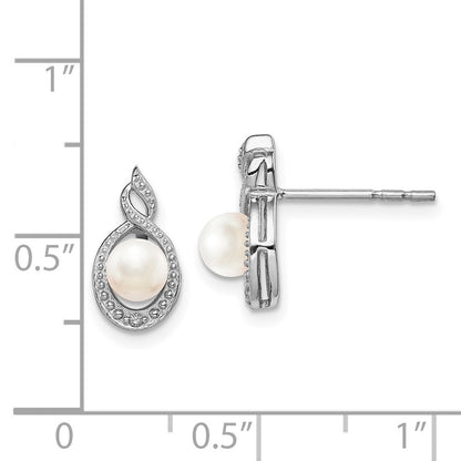 Sterling Silver Rhodium-plated FW Cultured Pearl & Diam. Button Stud Earrings