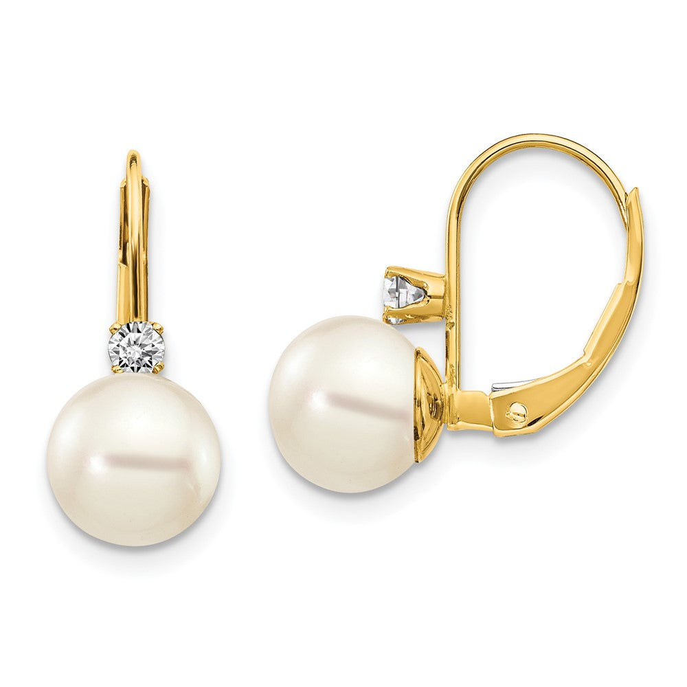 14k Yellow Gold 7-8mm Round Cultured Pearl & Diamond Drop & Dangle Earrings