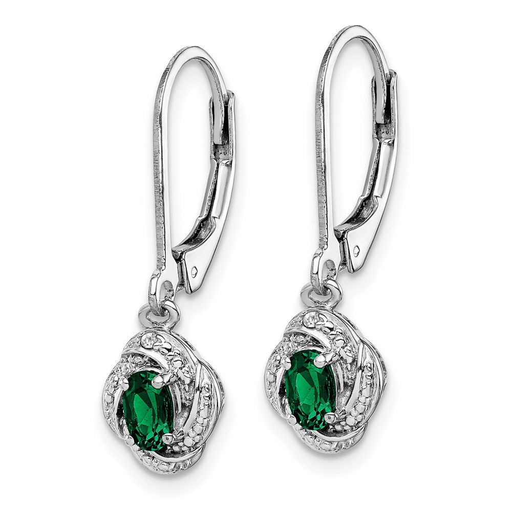 Sterling Silver Rhodium-plated Diam. & Created Emerald Dangle Earrings
