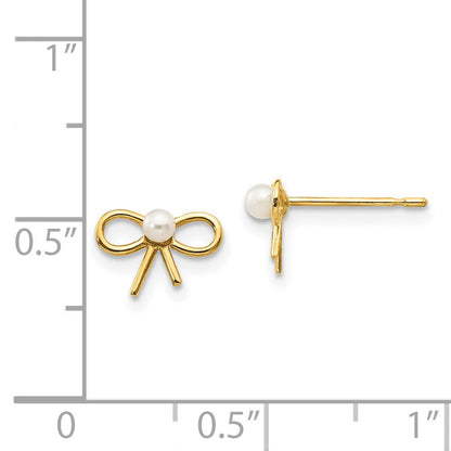 14k Yellow Gold FW Cultured Pearl Children's Bow Button Stud Earrings