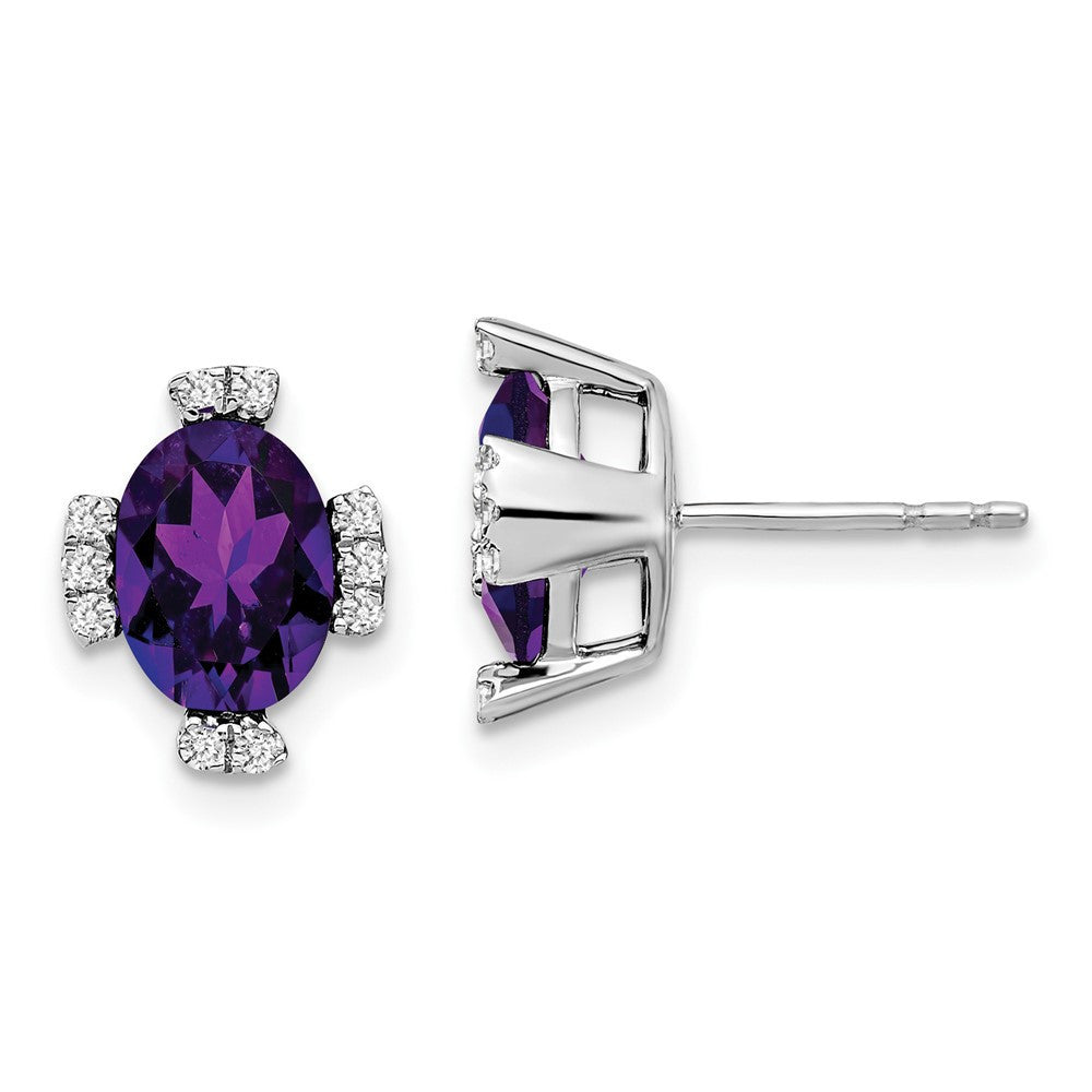 14k White Gold Oval Amethyst and Diamond Stud Earrings