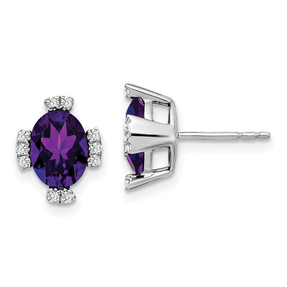14k White Gold Oval Amethyst and Diamond Stud Earrings