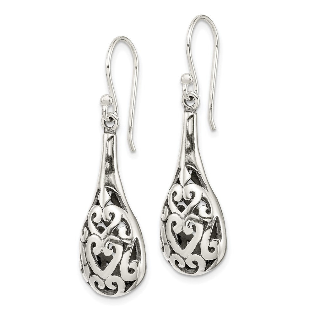 Sterling Silver Polished & Antiqued Filigree Heart Tear Dangle Earrings