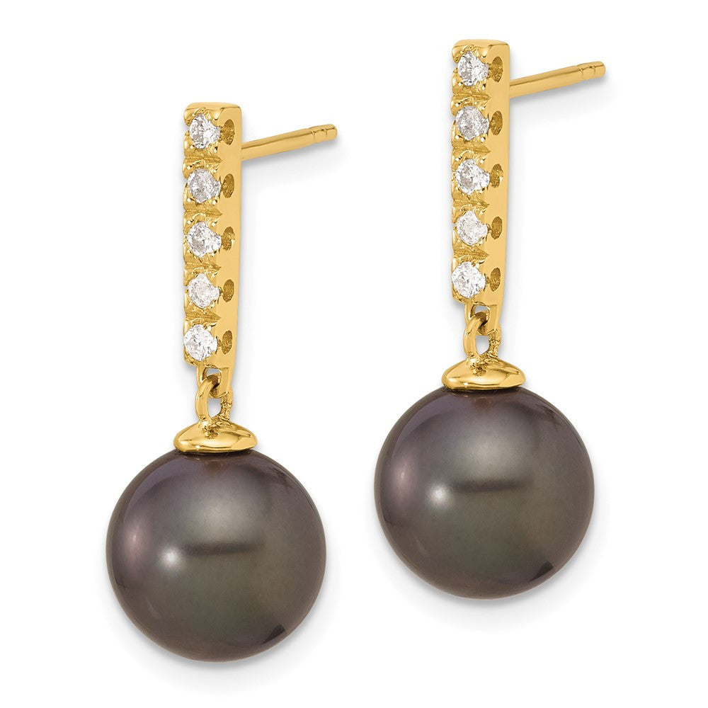 14k Yellow Gold Black Tahitian Saltwater Cultured Pearl Diamond Dangle Earrings