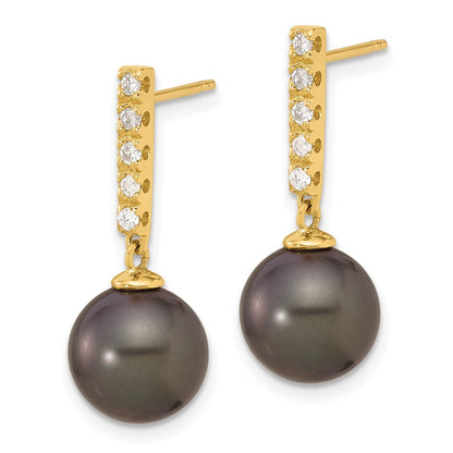 14k Yellow Gold Black Tahitian Saltwater Cultured Pearl Diamond Dangle Earrings