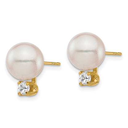 14k Yellow Gold 8-9mm Akoya Saltwater Cultured Pearl and Diamond Stud Earrings