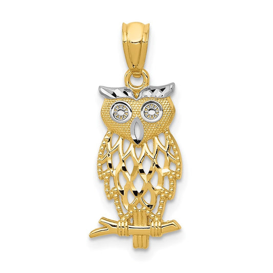 14k Yellow Gold Rhodium Owl Pendant