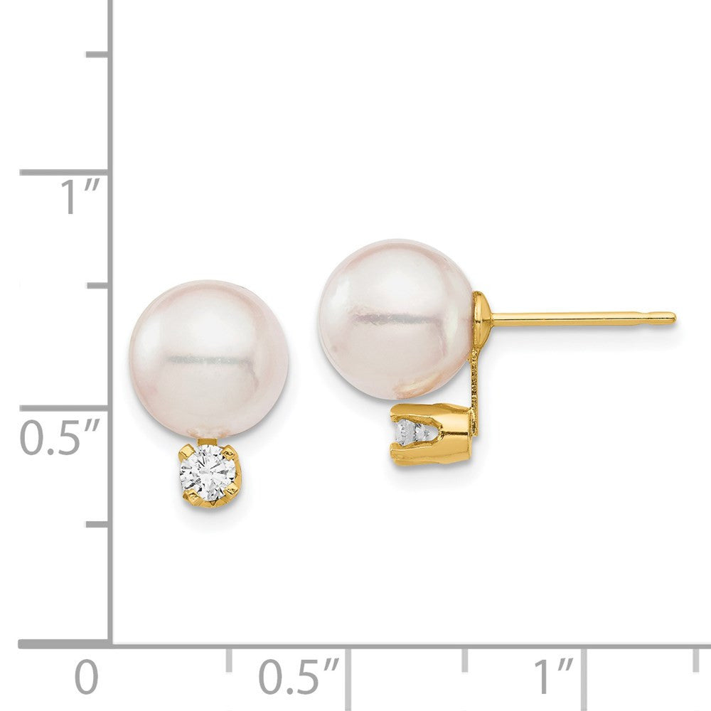 14k Yellow Gold 8-9mm Akoya Saltwater Cultured Pearl and Diamond Stud Earrings