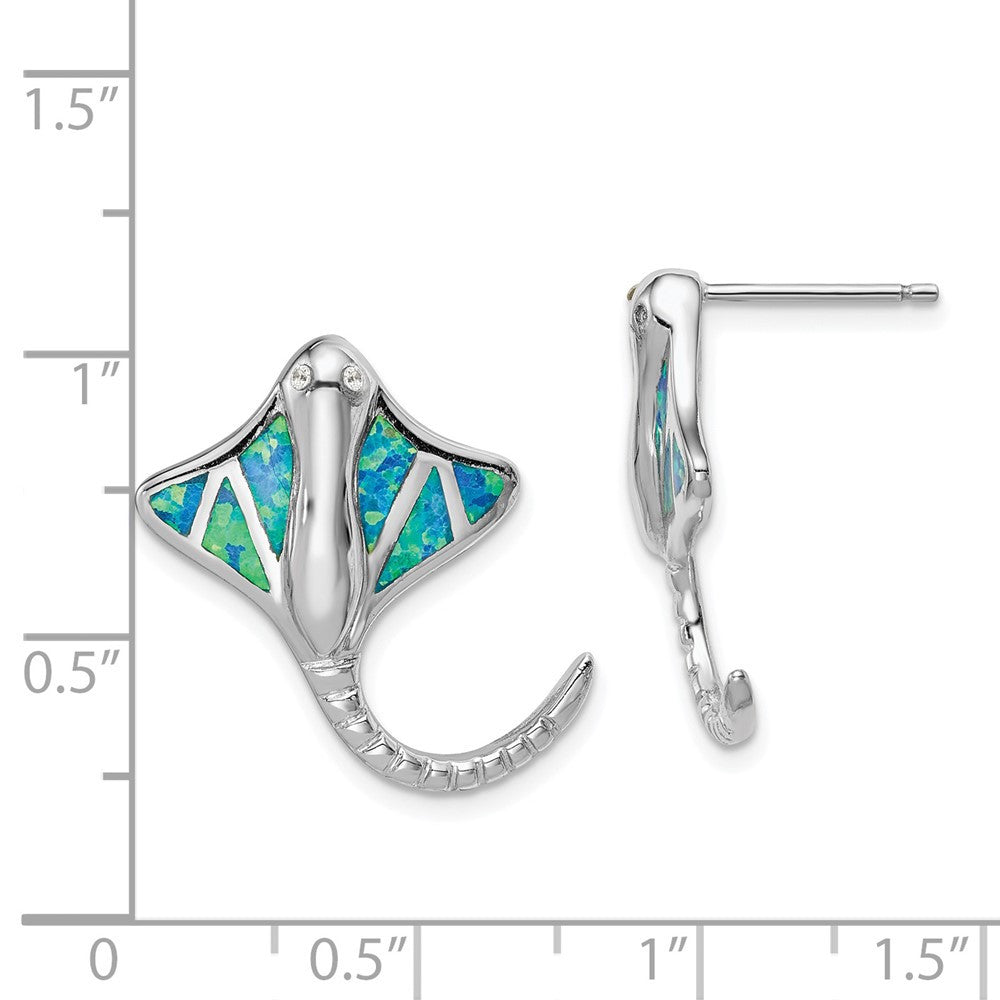 Sterling Silver Rhodium-plated Created Blue Opal Stingray Dangle Earrings