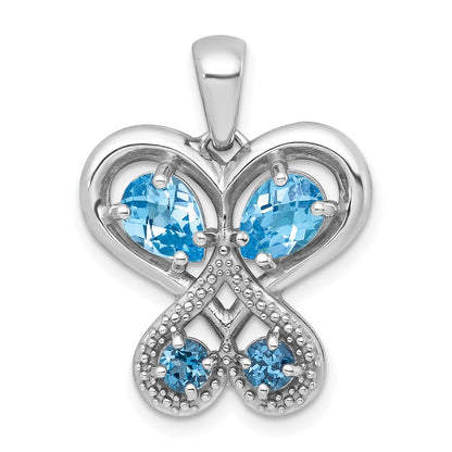 Sterling Silver Light Blue Topaz and London Blue Topaz Heart Butterfly Pendant