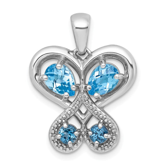 Sterling Silver Light Blue Topaz and London Blue Topaz Heart Butterfly Pendant