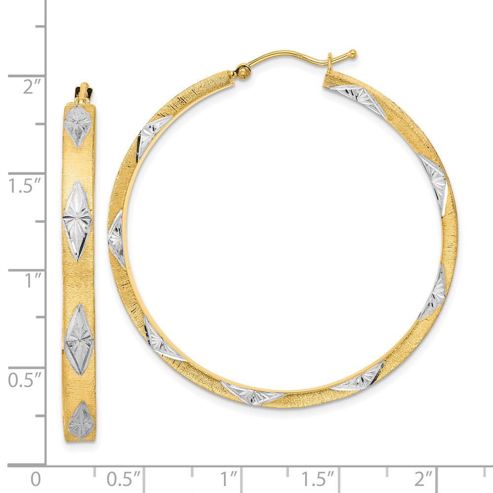 14k Yellow Gold White Rhodium Polished Satin Diamond-cut Fancy Hoop Earrings