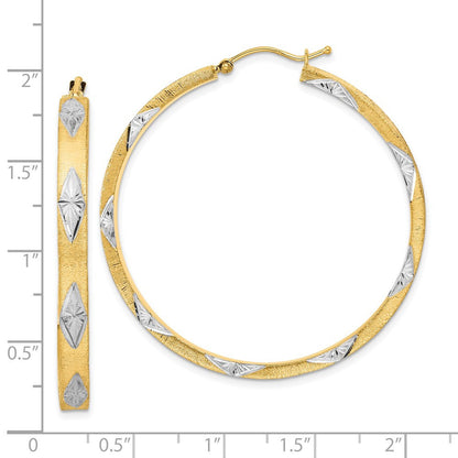 14k Yellow Gold White Rhodium Polished Satin Diamond-cut Fancy Hoop Earrings