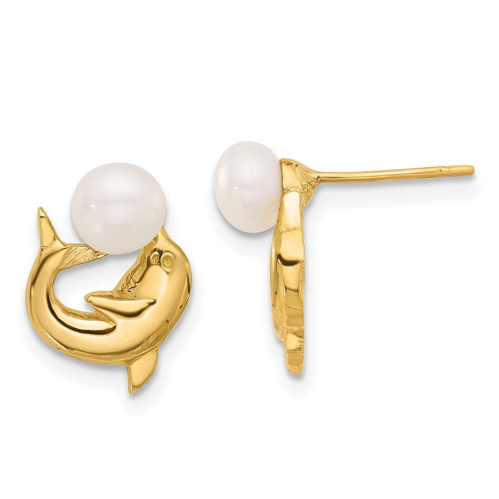 14k Yellow Gold 5-6mm Button Freshwater Cultured Pearl Dolphin Stud Earrings