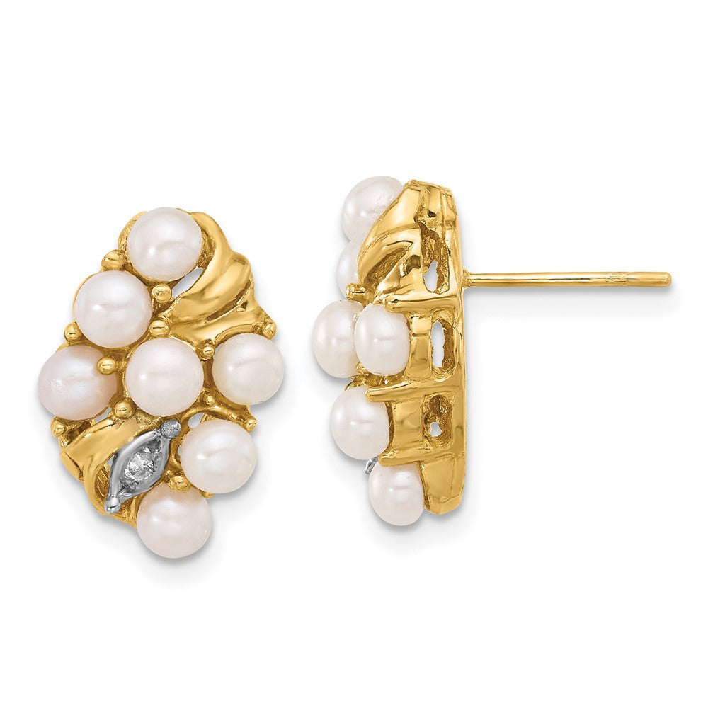 14k Yellow Gold 3-4mm Button Freshwater Cultured Pearl & Diamond Stud Earrings