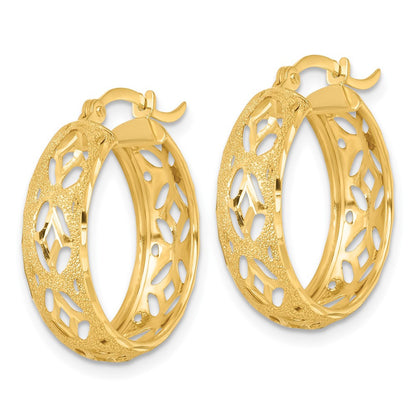 14k Yellow Gold Polished Laser and Diamond-cut Fancy Design Hoop Earrings