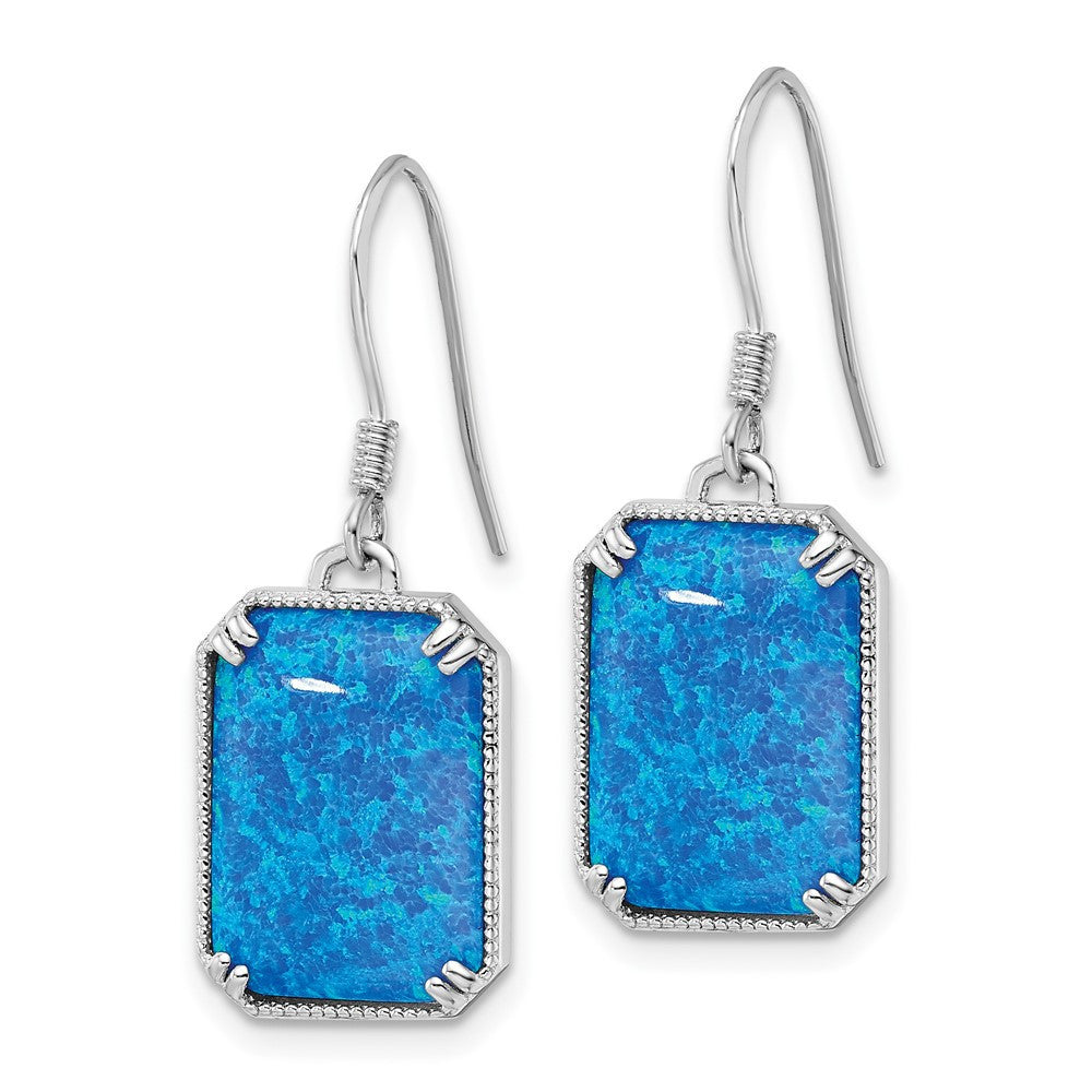 Sterling Silver RH-plated Blue Created Opal Beaded Border Dangle Earrings