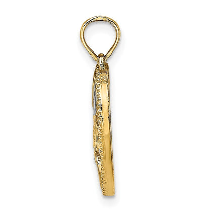 14k Yellow Gold with White Rhodium Textured MOM Heart Charm Pendant