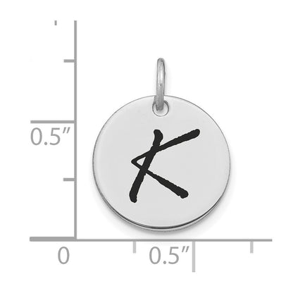 14k White Gold Polished Black Enamel Letter K Initial Disk Charm Pendant