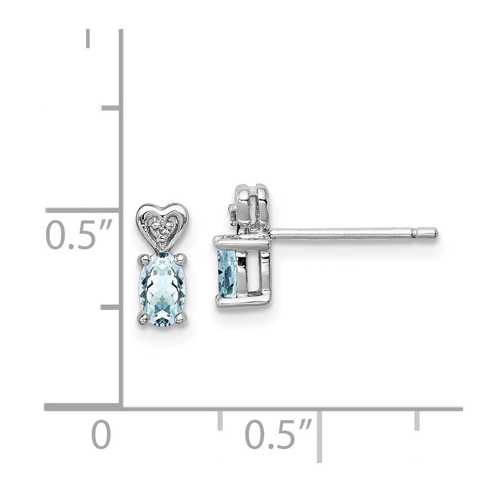 Sterling Silver Rhodium-plated Aquamarine & Diam. Button Stud Earrings