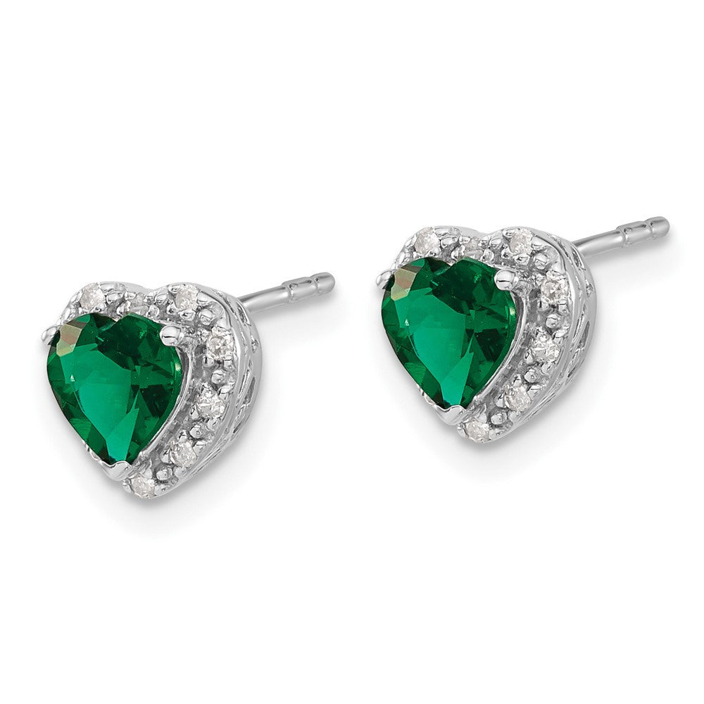 Sterling Silver Rhodium-plated Created Emerald and Diamond Button Stud Earrings
