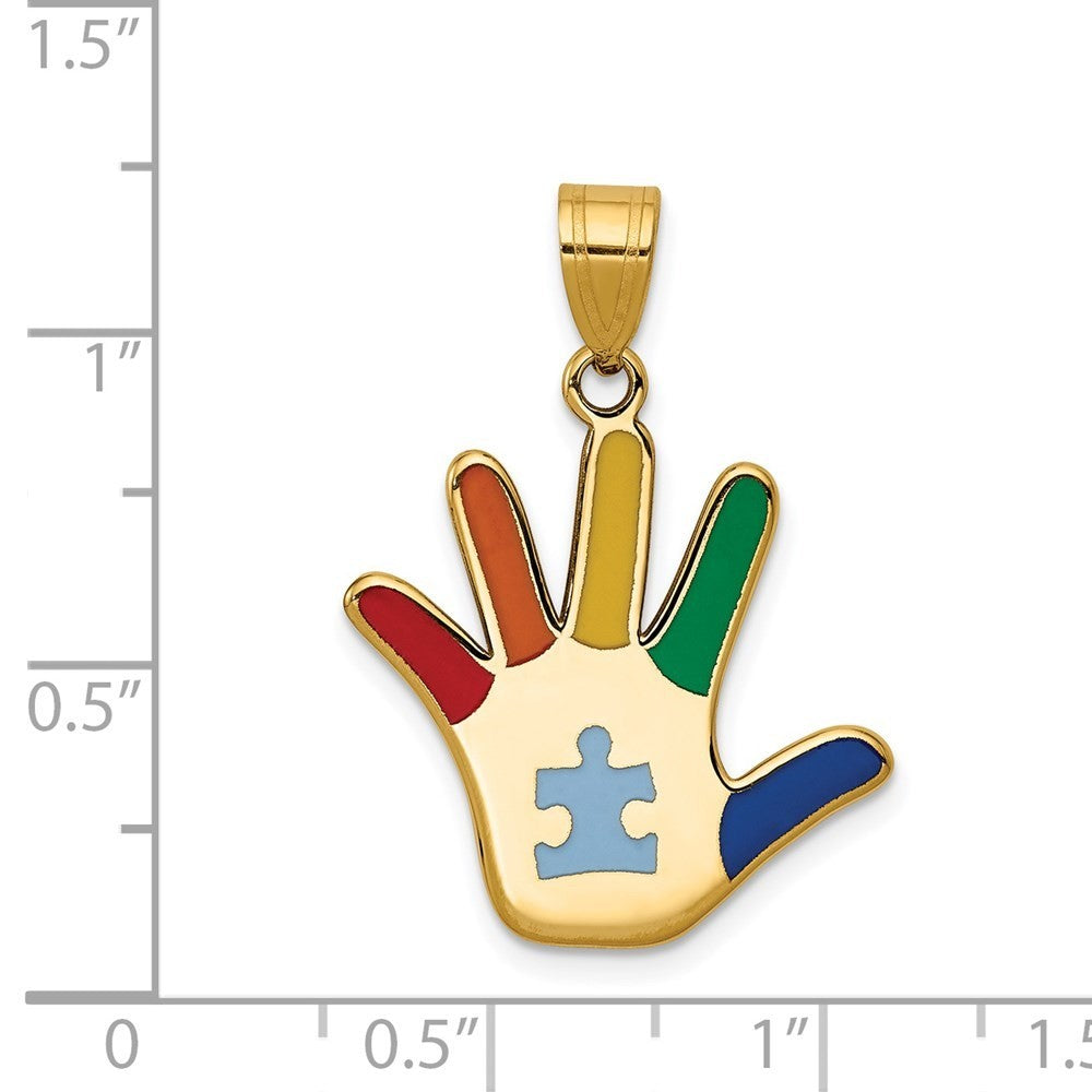 14k Yellow Gold Enameled Autism Puzzle Piece Handprint Pendant