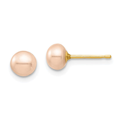 14k Yellow Gold 6mm Pink Button Cultured Pearl Stud Earrings with Silicone Backs
