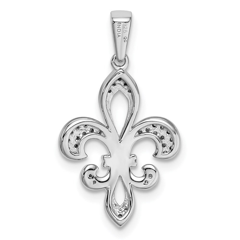 Sterling Silver Rhod-Plated with Diamond Fleur De Lis Pendant