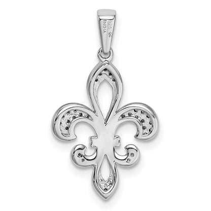 Sterling Silver Rhod-Plated with Diamond Fleur De Lis Pendant
