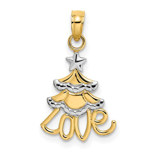 14k Yellow Gold Rhodium LOVE Christmas Tree Charm Pendant