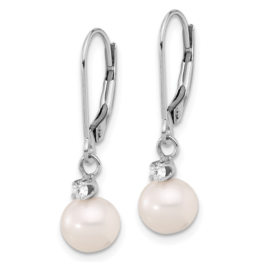 14k White Gold 8mm Round Freshwater Cultured Pearl & Diamond Dangle Earrings